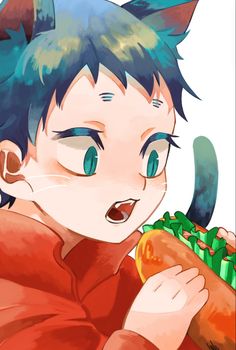 a boy with blue eyes eating a hot dog