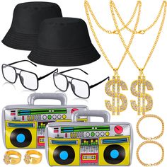 PRICES MAY VARY. Plastic Pull On closure Hand Wash Only 

 YAROMO 12 Pieces Hip Hop Costume Kit 80s/ 90s Rapper Accessories Hat, Sunglasses, Gold Chain, Bucket Hat, Boom Box, Gold Rapper Chain and Ring with Dollar Sign Pendant, Bracelet for Valentine's Day  
 Do you want to shine at the party? Our 12 Pieces 80's 90's hip hop suit will make your party full of enthusiasm and surprise! 
 These hip-hop suits are perfect for carnivals, theme parties and Thanksgiving, Christmas. 
 
 Specifications: 90s Outfit Party Hip Hop, 90s Fancy Dress, 90s Outfits Party, 90s Theme Party Outfit, 90s Accessories, Hip Hop Costumes, Trio Halloween Costumes, Bracelet And Ring, Boom Box