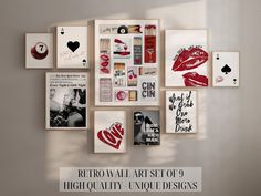 a group of framed pictures on the wall with text reading retro art set of 9 high quality unique designs