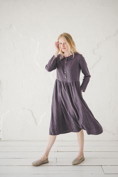 "DETAILS * Elegant linen dress * Functional buttons and two side pockets * Made from soft wash medium weight (185 g) 100 % European linen fabric * Height of the model is 175 cm (5' 9\") and she is wearing size XS dress in dark aubergine color * The length of this linen dress is  +/- 115 cm (45.3\"), the sleeve length is +/- 56 cm (22\"). * Please choose desired color and size on the right * Product number: D45 CARE LABEL * machine wash gentle (40 C/104 F) * dry gentle on low heat * wrinkles give Classic Linen Dress, Aubergine Color, Wide Skirt, Label Machine, European Linens, Dress Boho, Style Expert, Skirt Dress, Care Label