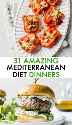 three different pictures with the words 31 amazing mediterraneann diet dinners on them and an image of