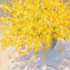 a painting of yellow flowers in a blue vase