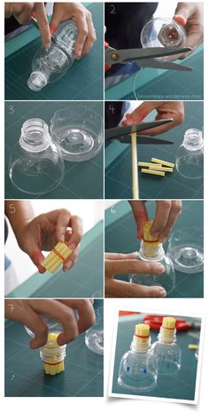 instructions for how to use plastic bottles with scissors and glue on the bottom, then cut them into smaller pieces