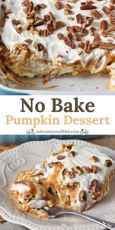 no bake pumpkin dessert with pecans on top and in the background, there is a white plate