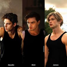 three different shots of the same man in black tank tops, one with tattoos on his arm