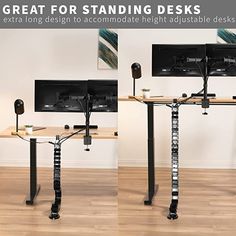 three different views of a standing desk with two monitors