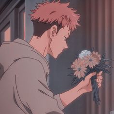 an anime character holding flowers in his hand