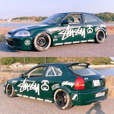 two pictures of a green car with graffiti on it's side and another photo of the same car