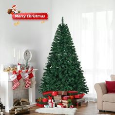 a living room with a christmas tree and presents