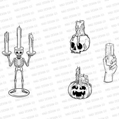 halloween skeleton and pumpkins with candles in their hands, set of 4 digital stamps