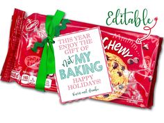 two bags of chocolate chip cookies with green ribbon tied around the wrapper and one bag has a note that says, this year enjoy the gift of my baking happy holidays