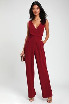 Lulus | Kiska Burgundy Lace Wide-Leg Jumpsuit | Size Burgundy Jumpsuit, Backless Jumpsuit, Jumpsuit Elegant, Lace Jumpsuit, Burgundy Lace, Red Jumpsuit, One Piece Outfit, Jumpsuit With Sleeves, Jumpsuit Fashion