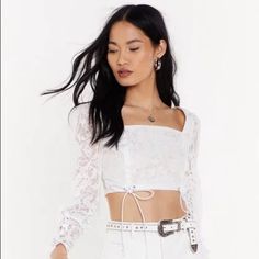 Nwt, Size 4, Fit Xs-S, Offwhite This Top Comes In Lace And Features A Cropped Silhouette, Square Neckline, Lace-Up Detailing At Sides, And Star Design. Partially Lined. Price Is Firm, Unless Bundle *** 15%-40% Off For Bundle More Than 2 Items, Just Create Bundle And Send Me Offer *** Feminine White Crop Top For Day Out, Fitted Lace Crop Top For Day Out, White Feminine Crop Top For Night Out, White Lace Crop Top In Feminine Style, White Lace Crop Top For Night Out, White Feminine Crop Top For Day Out, White Lace Crop Top For Day Out, Trendy White Lace Crop Top, Glamorous White Cropped Top