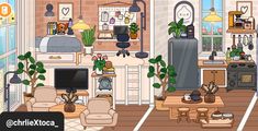 a living room filled with furniture and lots of plants on the floor in front of a flat screen tv