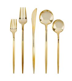 a set of gold colored utensils and spoons