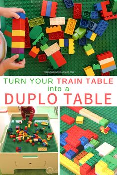 a collage of legos with text overlay that reads turn your train table into a duplo table