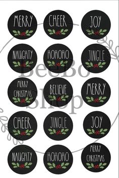 christmas name tags with holly leaves and berries on black oval labels, set of 12