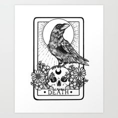 a black and white drawing of a crow sitting on top of a skull with flowers