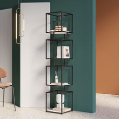 a room with a chair, table and shelving unit