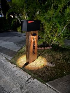 a mailbox sitting on the side of a road next to a palm tree at night