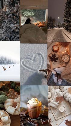 a collage of photos with various things in the snow and trees, including coffee