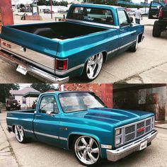 two pictures of the same blue truck in different stages of being restored, and then replaced with new tires