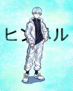 an anime character standing in front of a blue background