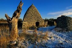 an old stone building with snow on the ground next to it and a dead tree