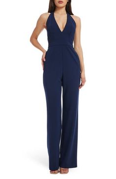 A plunging neckline draws attention to this stunning wide-leg jumpsuit with an open back and handy pockets. 48" length (size Small) Halter neck Adjustable tie straps 96% polyester, 4% spandex Machine wash, line dry Imported Elegant Strapless V-neck Jumpsuit For Night Out, Chic V-neck Jumpsuits And Rompers For Gala, Elegant Strapless V-neck Jumpsuit For Party, Backless Strapless Jumpsuit For Summer Formal, Summer Formal Backless Strapless Jumpsuit, Elegant V-neck Jumpsuit For Date Night, Elegant Floor-length Strapless Jumpsuit For Formal Occasions, Elegant Evening Strapless Maxi Jumpsuit, Formal Maxi Length Jumpsuits And Rompers