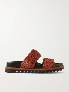 DRIES VAN NOTEN Leather-trimmed raffia sandals Brown Leather Braided Sandals, Luxury Woven Leather Sandals For Vacation, Luxury Brown Sandals With Woven Sole, Summer Woven Calf Leather Sandals, Brown Designer Sandals With Woven Sole, Designer Woven Calf Leather Sandals, Designer Woven Leather Sandals In Calf Leather, Designer Woven Leather Sandals, Spring Woven Calf Leather Sandals