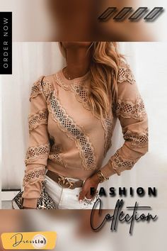 Women Patchwork Sequin Embroidery Lace Blouse Shirt Spring Sexy Hollow Out O Neck Blusas Autumn Casual Long Sleeve Tops Pullover Trendy Long Sleeve Lace Top Blouse, Beige Long Sleeve Blouse With Lace Top, Trendy Long Sleeve Lace Top, Beige Long Sleeve Lace Top Blouse, Fitted Beige Crew Neck Blouse, Trendy Hollow Out Crew Neck Top, Beige Long Sleeve Patchwork Blouse, Chic Long Sleeve Hollow Out Tops, Beige Long Sleeve Blouse With Patchwork