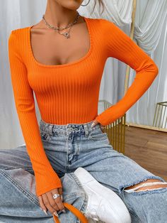 Dopamine Orange Scoop Neck Ribbed Knit Tee Orange Casual  Long Sleeve Fabric Plain  High Stretch  Women Clothing, size features are:Bust: ,Length: ,Sleeve Length: Orange Top Outfit, Black Velvet Shirt, Orange Outfits, Orange Outfit, Knit Texture, Long Sleeve Tops Casual, Orange Top, Orange Shirt, Mini Robes