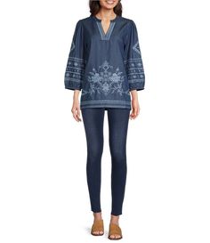 Fitted V-neck Tops With Embroidered Neckline, Embroidered Cotton Top With 3/4 Sleeves, Fall V-neck Top With Embroidered Neckline, V-neck Embroidered Fall Top, Casual Embroidered Top With 3/4 Sleeves, Sporty Casual, Career Woman, Wardrobe Basics, Accent Pieces