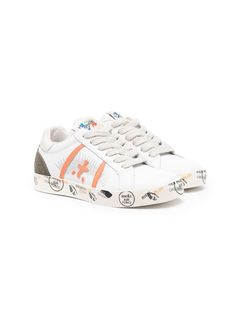 white/orange/grey calf leather logo patch to the side logo patch at the tongue contrasting heel counter front lace-up fastening branded insole round toe flat rubber sole Shoes Orange, Orange Grey, Flat Boots, Leather Logo, Top Gifts, Ballet Flat Shoes, Boot Sandals, Boys Shoes, Sneakers White