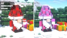 two different images of the same character in minecraft house, one is wearing a pink and white dress