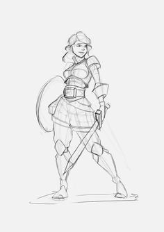 64fdd49e9210428f30c82b63bfca92af Sketch of a female warrior in armor holding a sword with a shield on her back, ready for battle. Medieval-themed illustration. | Sky Rye Design Warrior Pose Reference Drawings, Dynamic Warrior Pose, Warrior Pose Female, Warrior Art Reference, Female Hand On Hip Pose Drawing, Knight Reference Drawing Pose, How To Draw A Warrior, Female Warrior Hairstyles Drawing, Women With Swords Drawing