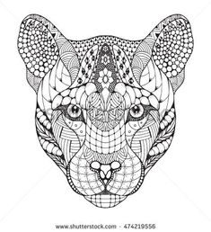 an animal's head with intricate patterns on the face, hand drawn in black and white