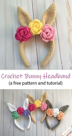 crochet bunny headband with flowers and leaves on it is shown in three different colors