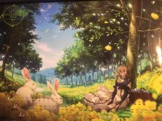 an anime scene with two rabbits sitting on the ground in front of trees and flowers