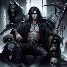 a man sitting on top of a chair in front of two demonic dogs and a demon