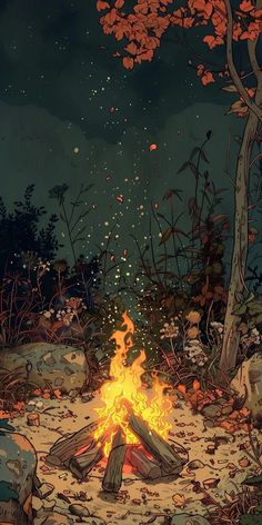 an illustration of a campfire in the woods