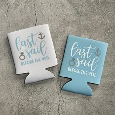 two ceramic coasters that say cast sail and before the veil