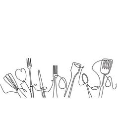 a line drawing of utensils and spoons with the word love spelled out