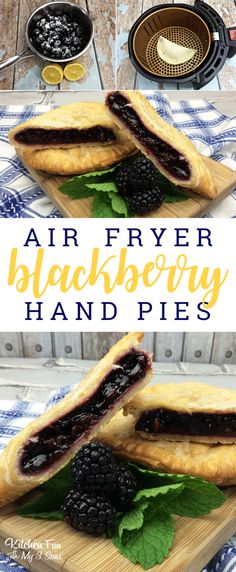 two images showing the process of making blackberry hand pies with blueberries and mint leaves