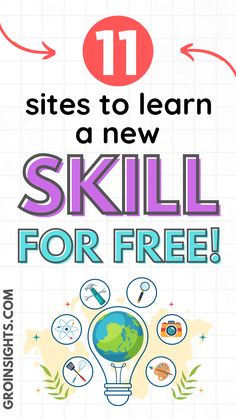 a poster with the title 11 sites to learn a new skill for free on it