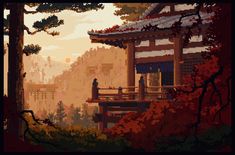 an image of a japanese landscape with trees and buildings in the background, as well as a person standing on a bridge