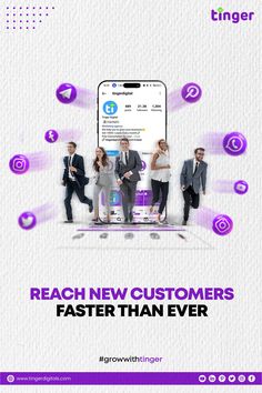 an advertisement with people standing in front of a phone and the words reach new customers faster faster than ever