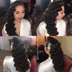 Today's gorgeous Thanksgiving bride! Hair by me #missrockabillyruby and makeup by @erikareno_artistry! A big thank you to @madamepomp for… Fingerwaves Long Hair, Gatsby Bride, Long Hair Black, Marcel Waves, Vintage Hairstyles Tutorial, 1920s Hair, Bridal Hairdo, Finger Waves