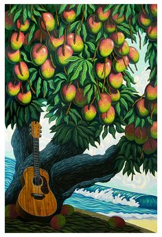 a painting of a tree with fruit on it and a guitar in the foreground