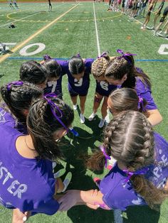 purple, girls powderpuff, girls flag football, ribbons , jerseys, inspiration, braids, hairstyles Powderpuff Football Hair Ideas, Footy Hairstyles, Powder Puff Football Hairstyles, Cute Flag Football Hairstyles, Flag Football Hairstyles, Purple Out Football Game, Purple Football, Womens Flag Football